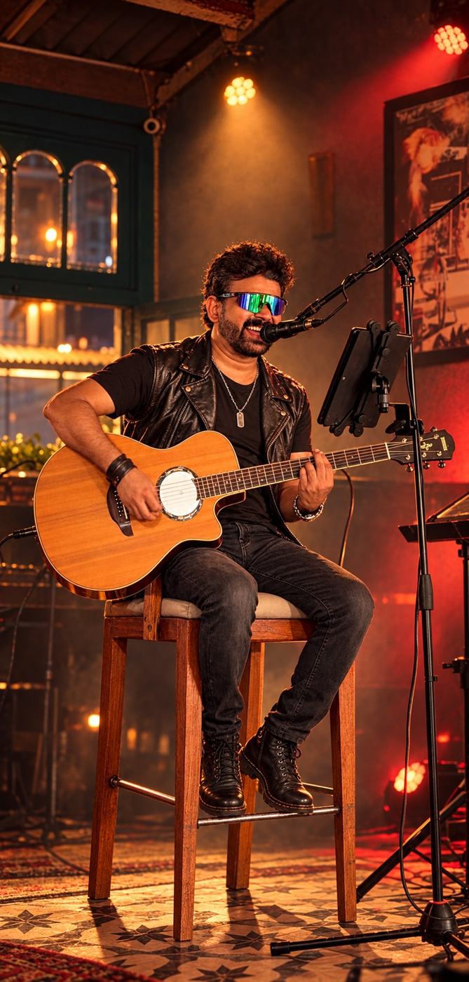 Jay performing acoustic rock in warm stage lighting